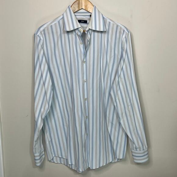 Boss by Hugo Boss 100% Cotton Long Sleeve Striped Men's Shirt Neck 17 - Picture 1 of 7
